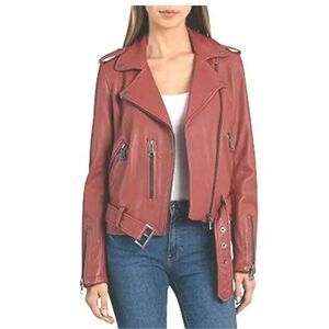 Bagatelle Women's Washed Leather Biker Moto Belted Jacket in Sunset size XS